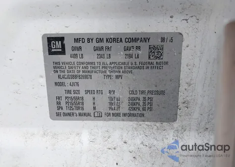 2015 Buick Encore Leather z USA, uszkodzony, nr VIN KL4CJGSB8FB269078